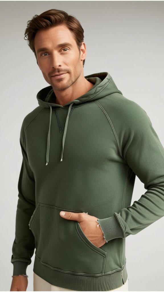 A good looking man wearing a vintage-inspired hoodie made from sustainable materials.