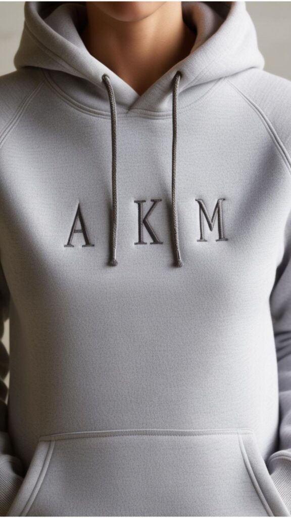 A person wearing a personalized hoodie with their initials embroidered on the chest.