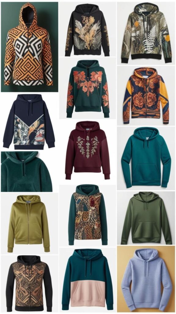 A mood board showcasing various hoodie design ideas, including graphic prints, embroidery, color blocking, and unique fabric combinations.