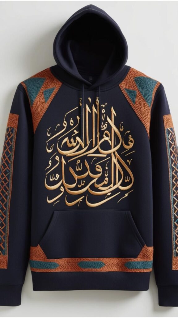 A hoodie with Arabic calligraphy and geometric patterns, showcasing cultural artistry.