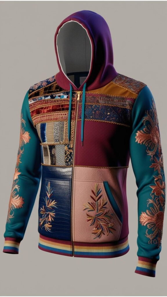 A hoodie with mixed media elements, combining fabric patches and embroidery.