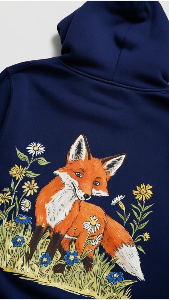 A close-up of a hoodie with a hand-drawn illustration on the back.