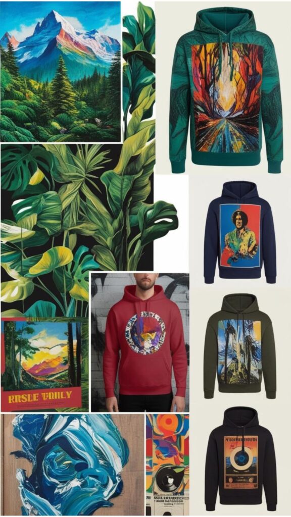 A mood board showcasing design inspiration for hoodies, including nature, art, and music themes.