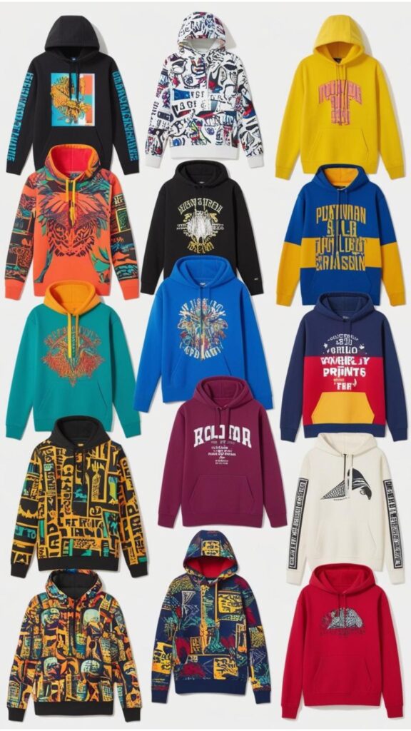 A collage showcasing hoodies with various print styles, including graphic prints, all-over prints, and placement prints.