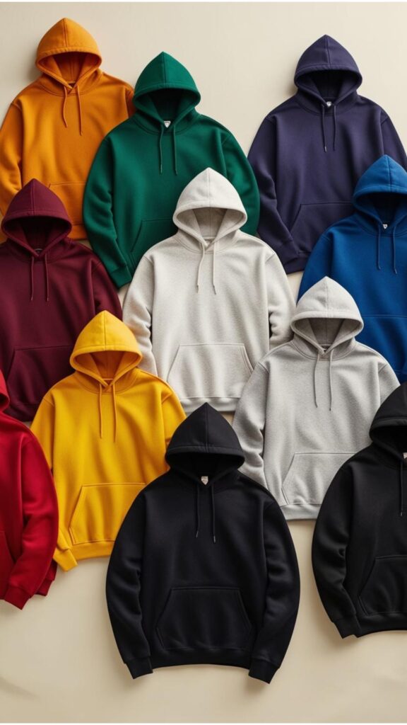 A collection of simple hoodies in solid colors, showcasing their versatility.