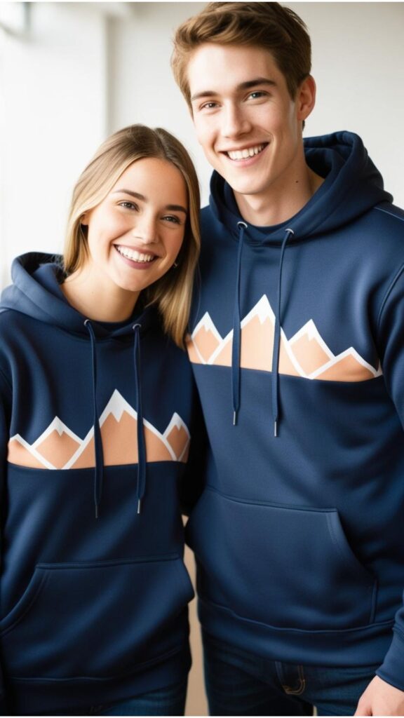 A couple wearing matching hoodies with complementary designs.