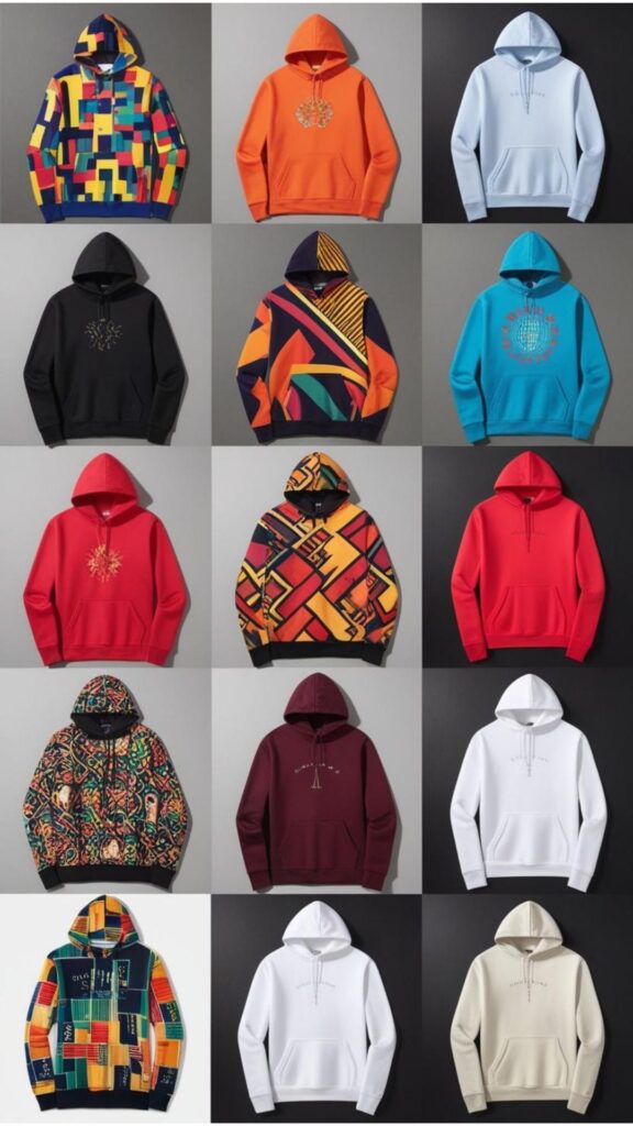 A collage showcasing hoodies with various print styles, from bold graphics to subtle placements.