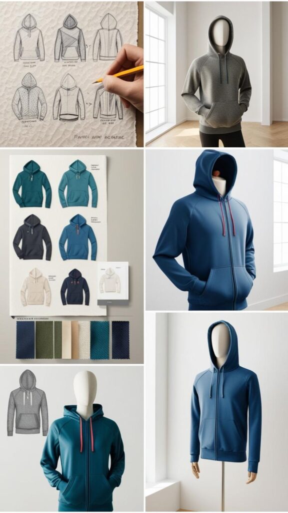 A visual representation of the hoodie design process, from sketching to production.
