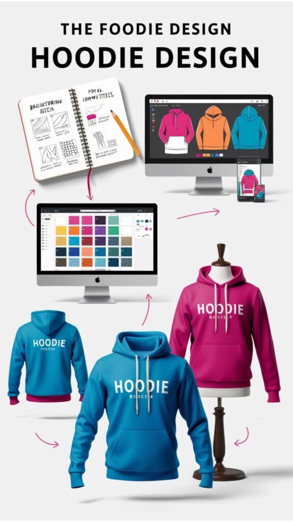 A visual representation of the hoodie design process, from brainstorming to production.
