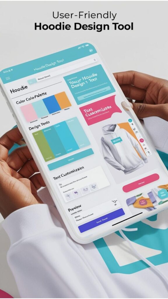 A screenshot of a hoodie design tool, showcasing its features and interface.