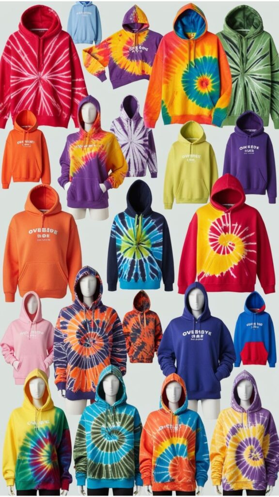 A collage showcasing tie-dye hoodies and oversized hoodies.