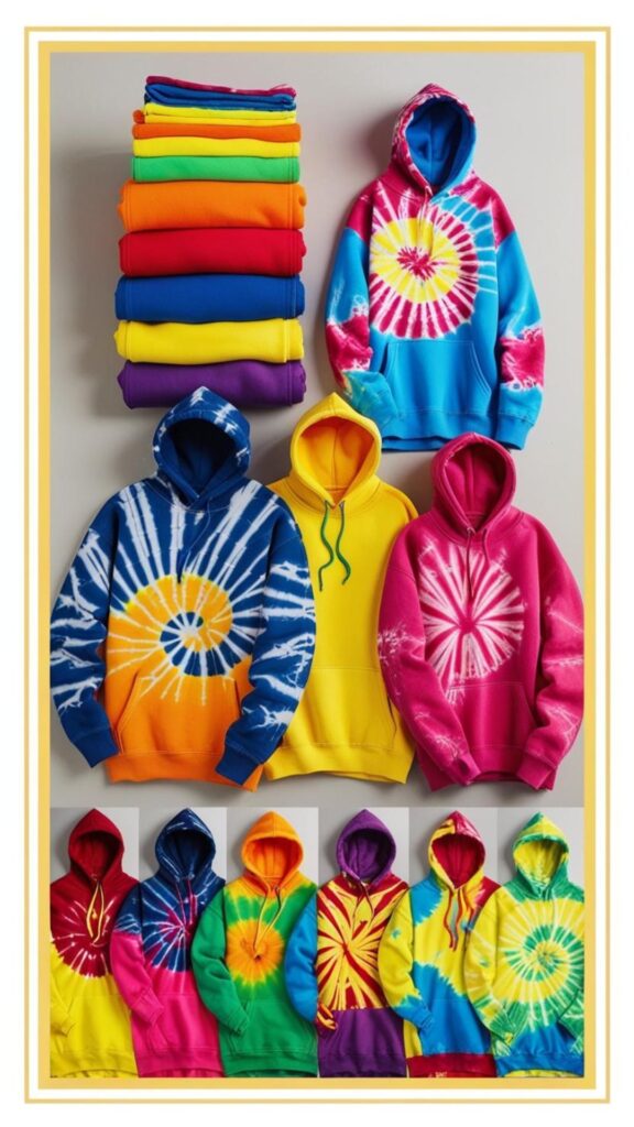 A collage showcasing tie-dye hoodies and oversized hoodies.