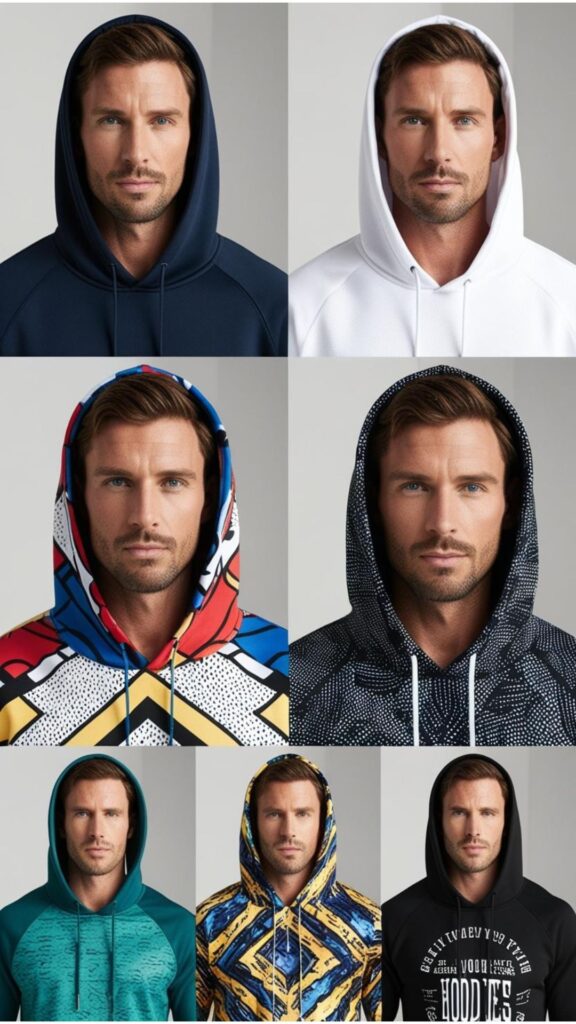 Men express personal style through unique hoodie designs.