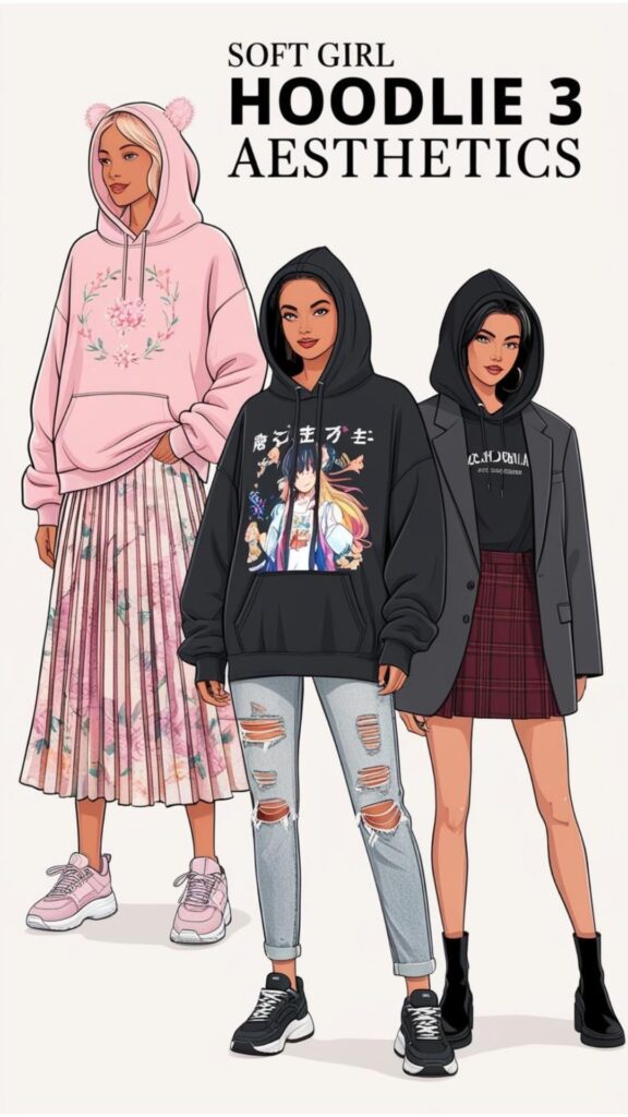 A visual representation of different hoodies aesthetics: soft girl (pastel hoodie with a floral skirt), e-girl (oversized graphic hoodie with ripped jeans), and dark academia (dark hoodie with a plaid skirt and blazer).