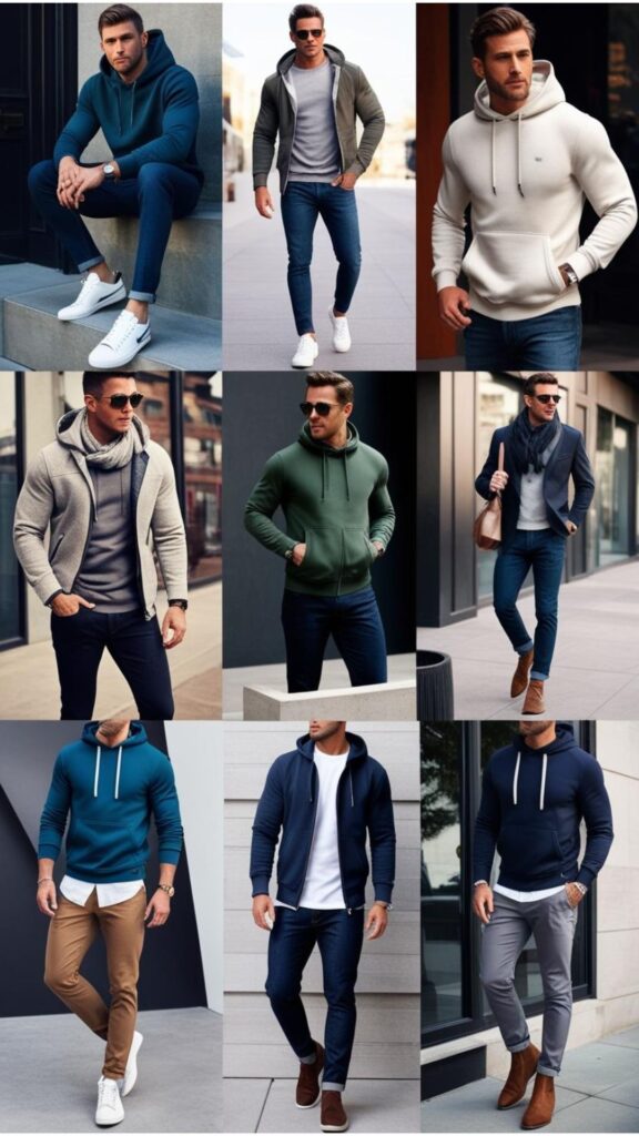 A montage of men's hoodies outfits, showcasing casual, layered, and smart casual styles.