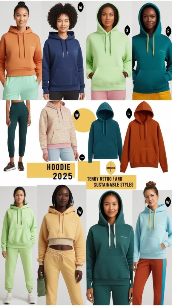 A mood board showcasing trendy hoodies outfits for 2025, including retro and sustainable styles.