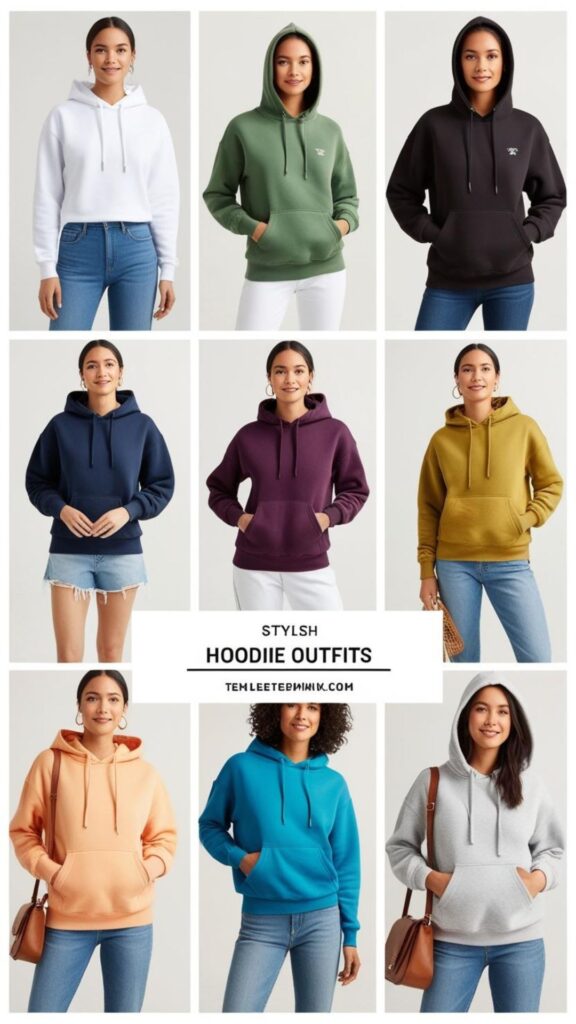A montage showcasing hoodies outfits suitable for different occasions, from everyday wear to casual events.