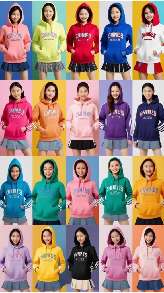 A montage of girls' hoodies outfits, showcasing girly and sporty styles.
