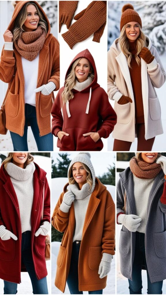 Winter hoodies outfits, featuring layering with coats and accessorizing with winter gear.