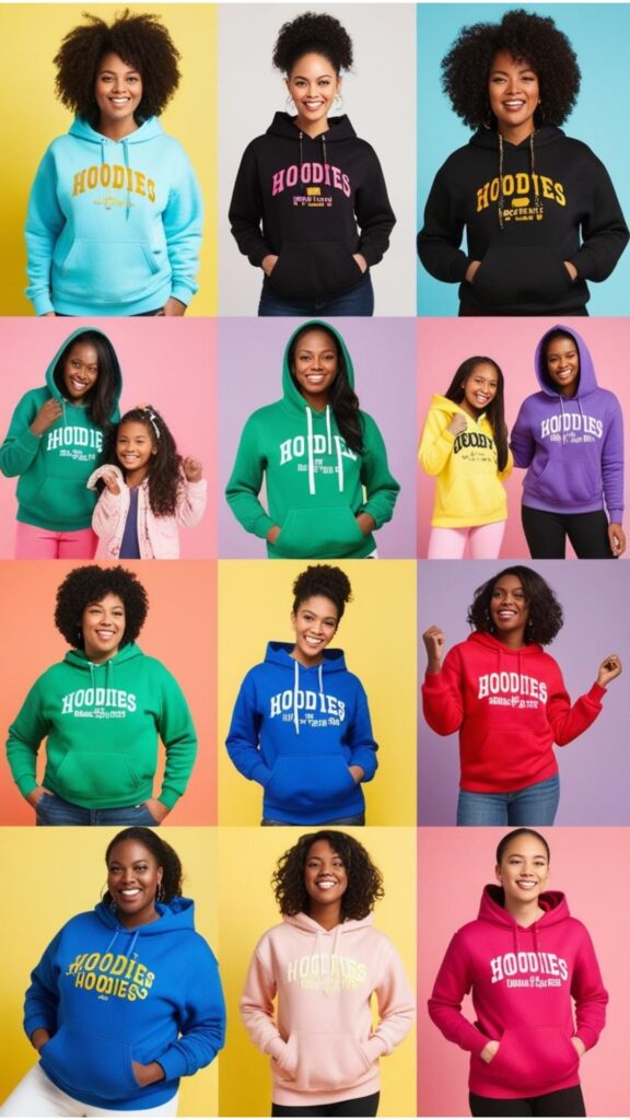 A collection of images showcasing black women and girls styling hoodies in various ways.