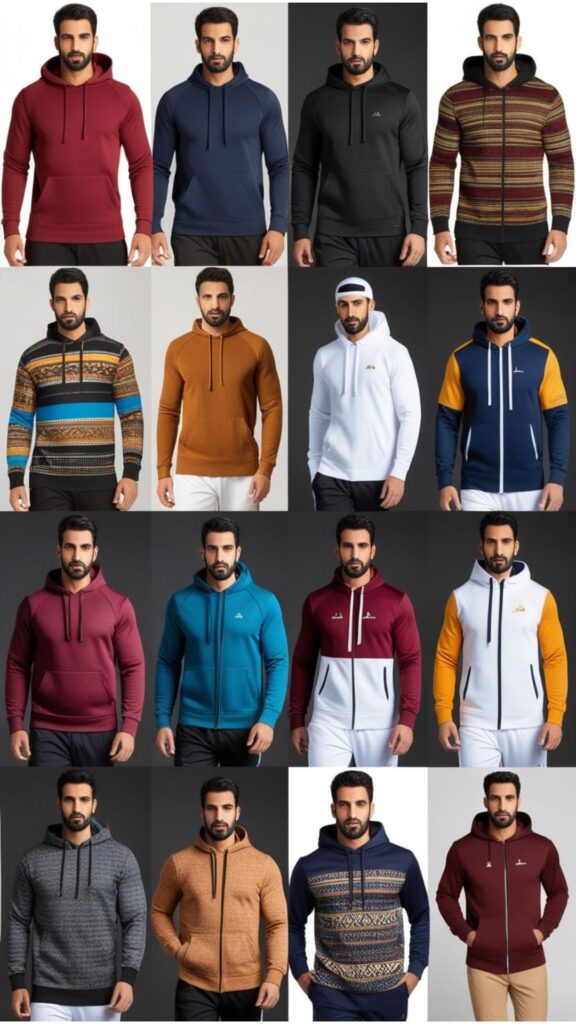 A montage of handsome men's outfits featuring hoodies, showcasing different styles and combinations.