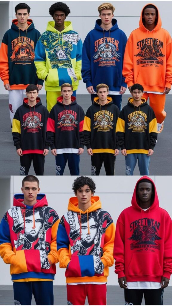 Streetwear-inspired hoodies outfits, featuring oversized hoodies and graphic designs.