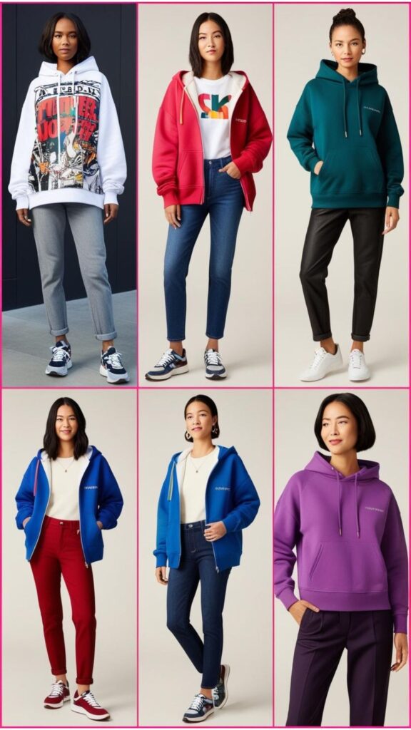 A collage of women's hoodies outfits, demonstrating streetwear, casual, and dressed-up styles.