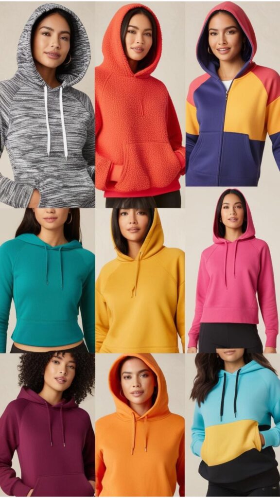 A collage of women's outfits featuring hoodies, demonstrating different styles and combinations.