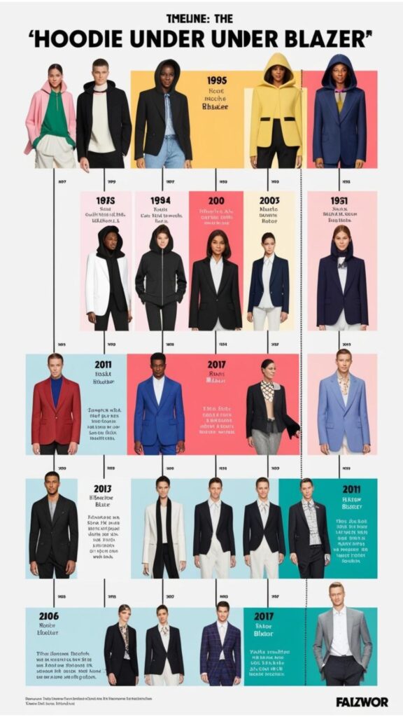 A timeline showcasing the evolution of the hoodies under blazers trend, from its origins to its current status.