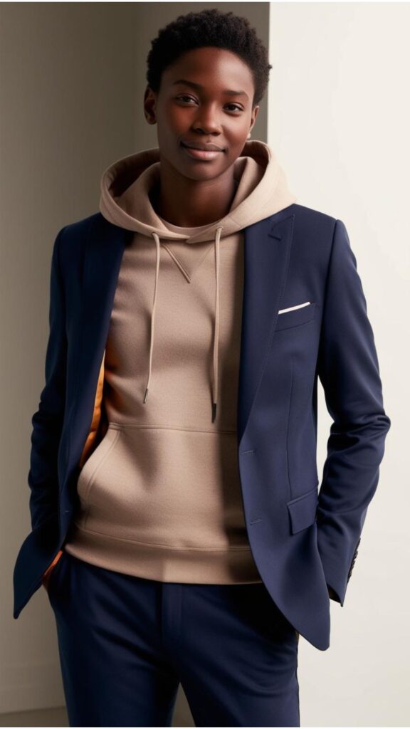A person confidently showcasing their hoodies under blazers outfit, highlighting the blend of comfort and style.
