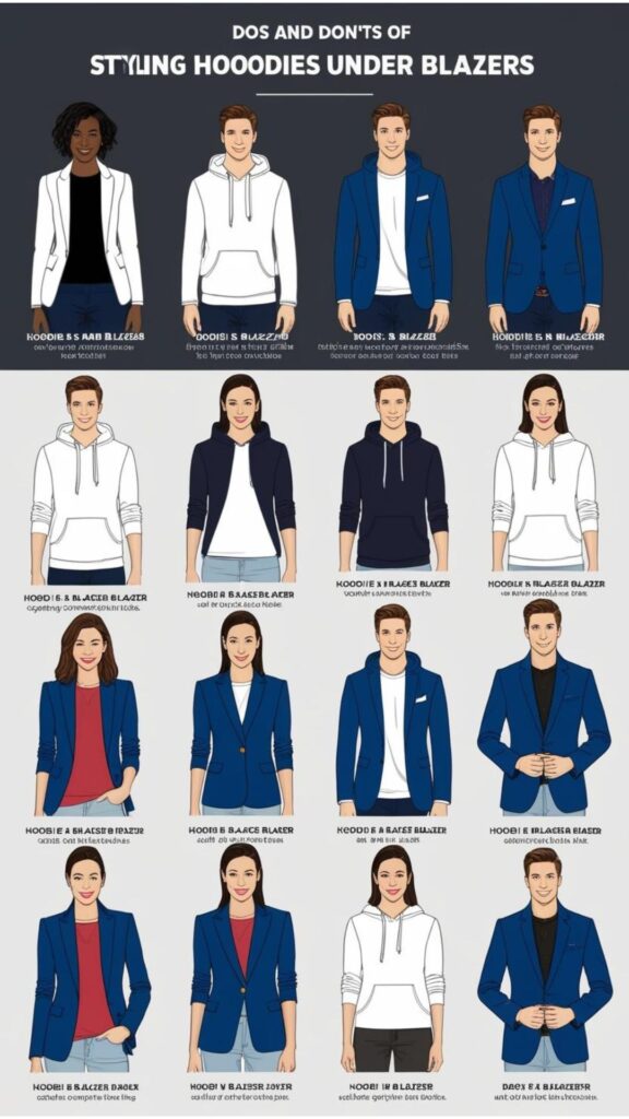 A visual guide illustrating the dos and don'ts of styling hoodies under blazers.