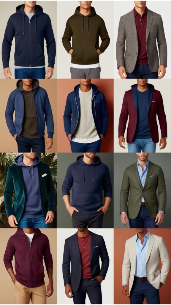 A collage showcasing different hoodies under blazers outfits for men, ranging from casual to smart casual.