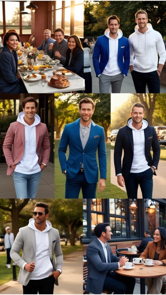A montage of different occasions where hoodies under blazers can be worn, from casual outings to smart casual events.