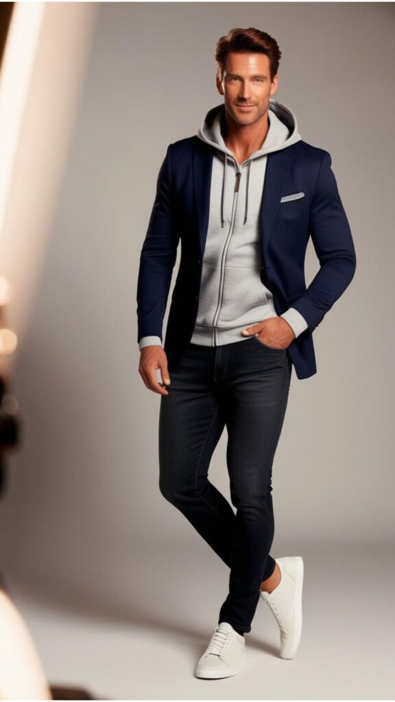 A handsome man wearing a well-fitting gray hoodie under a navy blazer, paired with dark wash jeans and stylish sneakers.