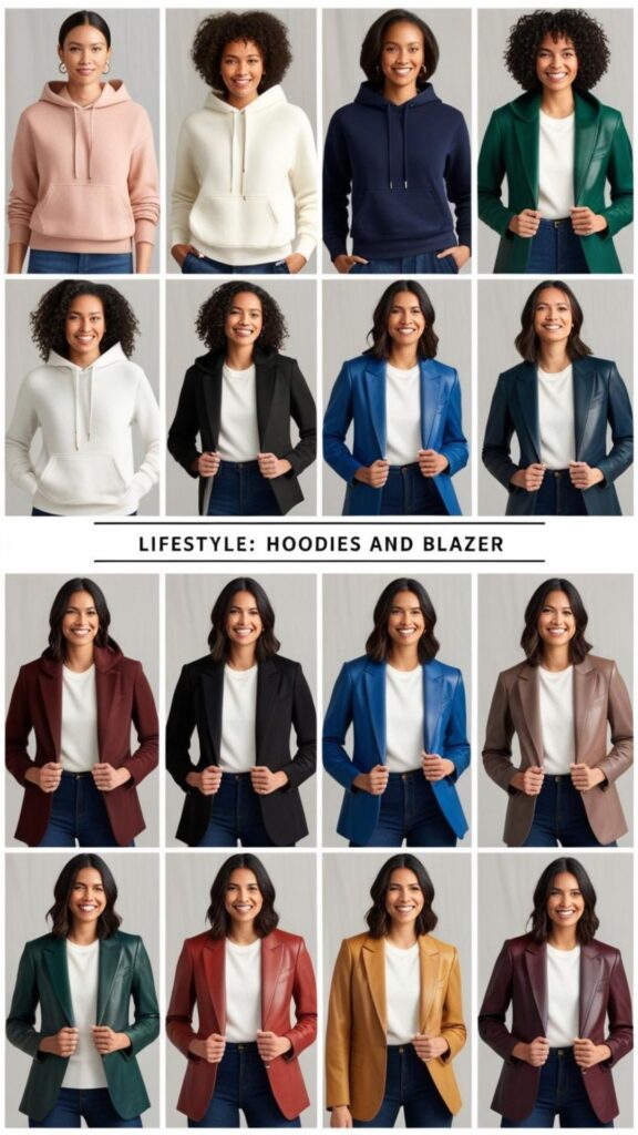 A series of images showcasing different hoodie and blazer combinations, highlighting the versatility of the pairing.