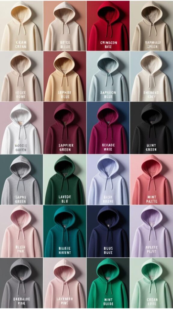 A color palette showcasing a range of hoodie colors, from neutrals to bold hues and pastels.