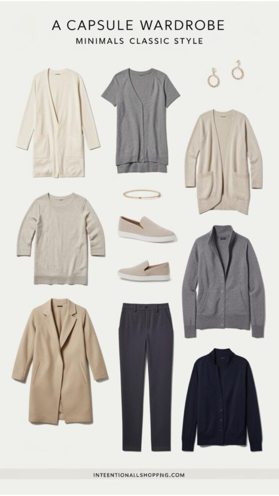 Capsule wardrobe: Minimalist classic style. Versatile essentials, limited color palette, intentional shopping.