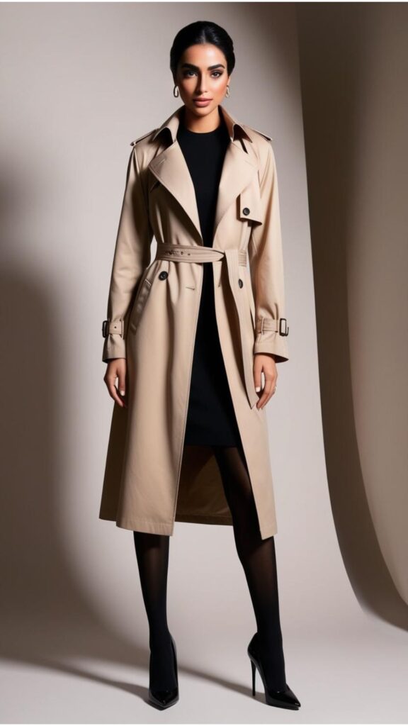 A beautiful woman wearing a beige trench coat over a black dress with tights and heels.