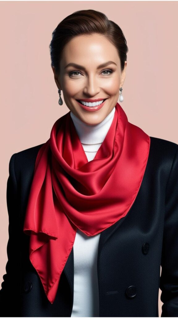  woman wearing a red scarf with a black coat and a white turtleneck.