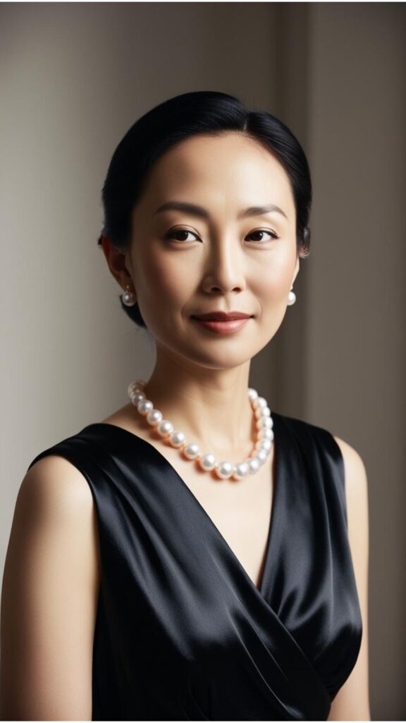 A lovely woman wearing a pearl necklace with a black dress.