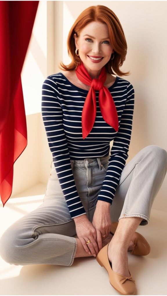 A stunning woman wearing a Breton top with high-waisted jeans, a red scarf, and ballet flats.