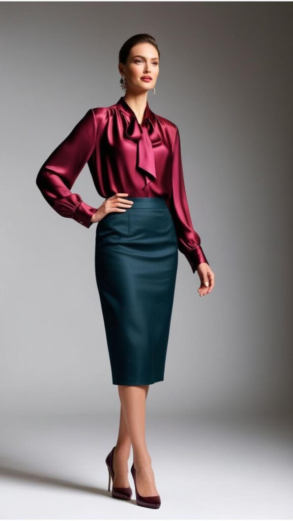A beautiful woman wearing a silk blouse with a pencil skirt, a blazer, and pumps.