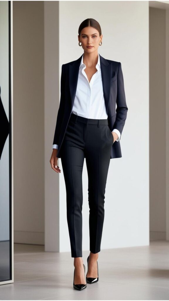 A woman wearing black tailored trousers with a white shirt, a blazer, and heels.