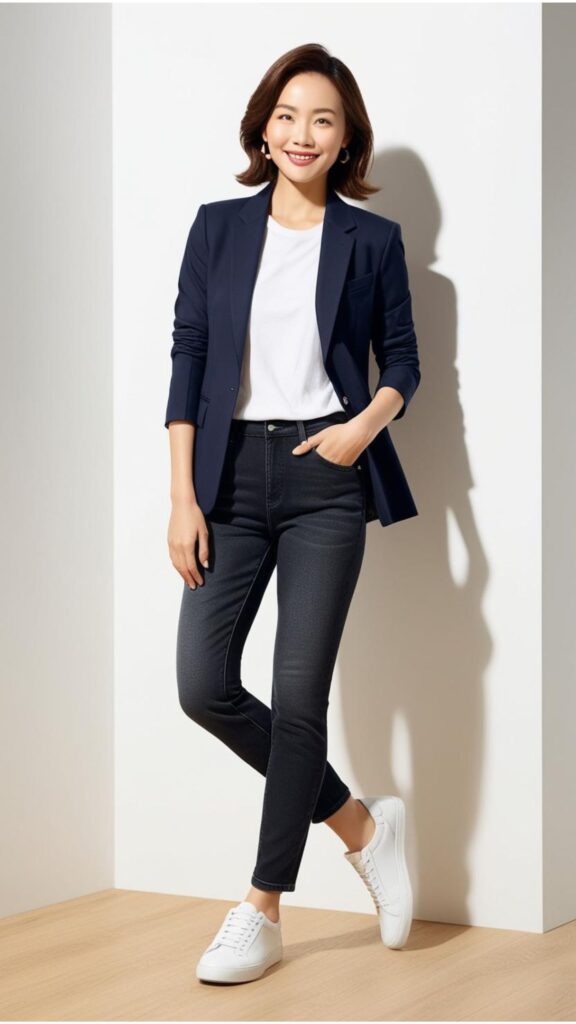 A lovely woman wearing dark wash jeans with a white t-shirt, a blazer, and sneakers.