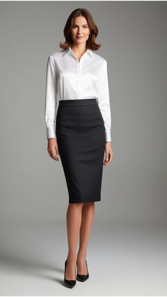 A lovely woman wearing a black pencil skirt with a white blouse and heels.