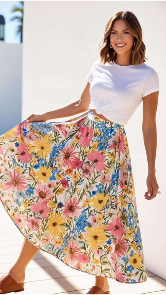 A pretty woman wearing a floral A-line skirt with a white t-shirt and sandals.