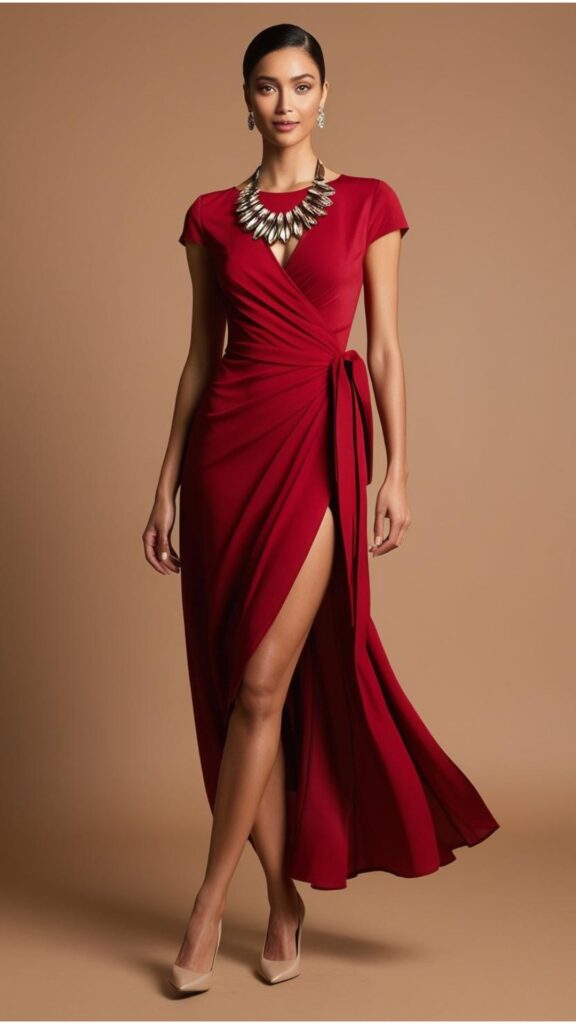 A stunning woman wearing a red wrap dress with bare heels and a statement necklace.