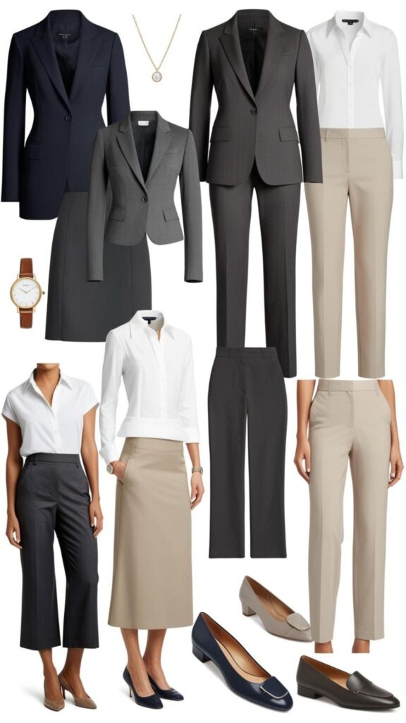 Classic work wardrobe: Professional, polished, versatile. Invest in suits, choose classic separates (blouses, skirts, trousers), and accessorize appropriately.