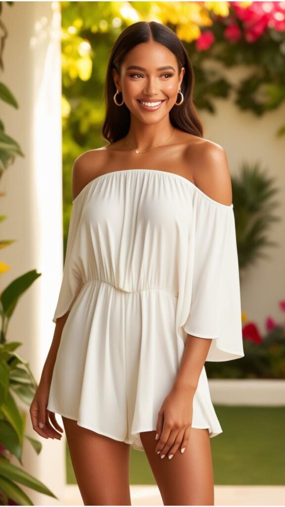 A stunning woman wearing an off-the-shoulder white romper with gold hoop earrings and sandals.