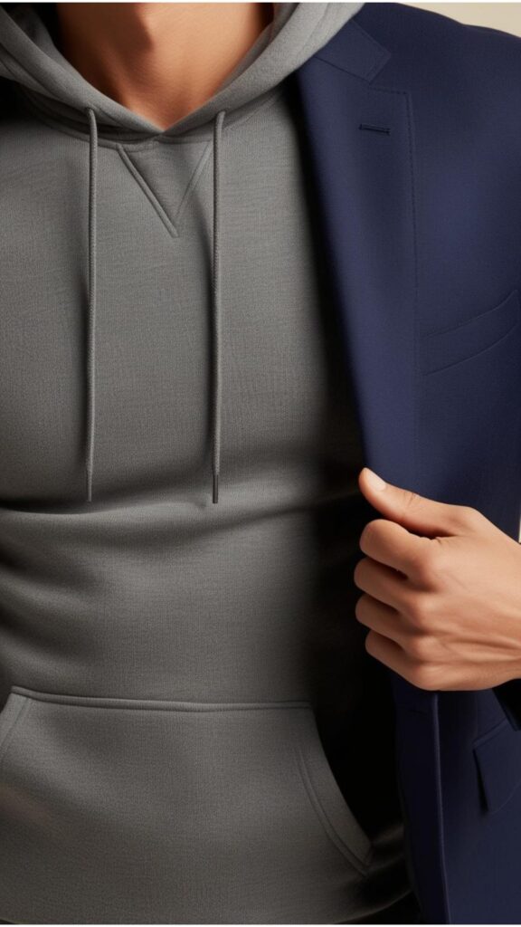 A close-up shot of a hoodie layered smoothly under a blazer, showcasing the fit and fabric compatibility